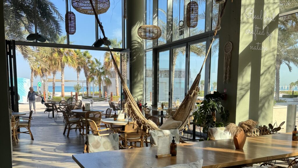 interiors of alkalime restaurant in mamsha al saadiyat abu dhabi overlooking the beach